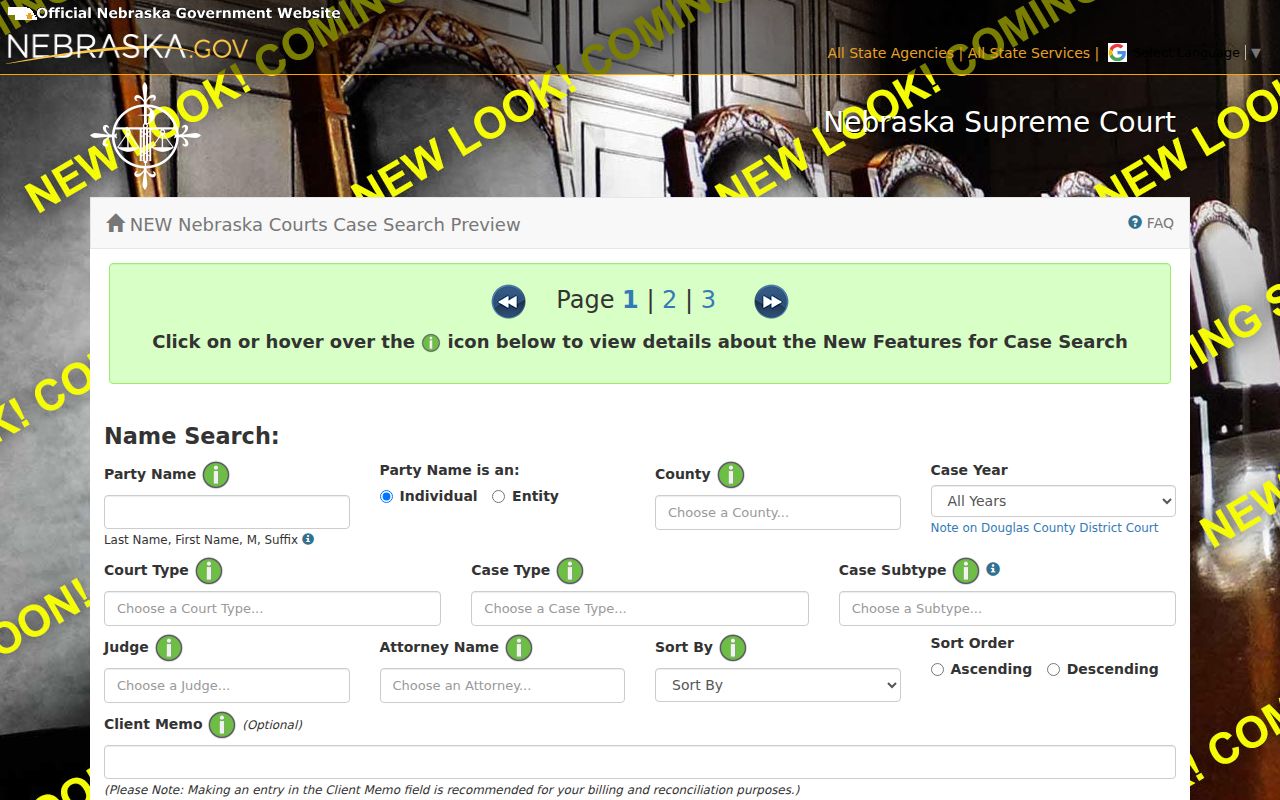 Sherman County case lookup search fields in Nebraska JUSTICE demonstration