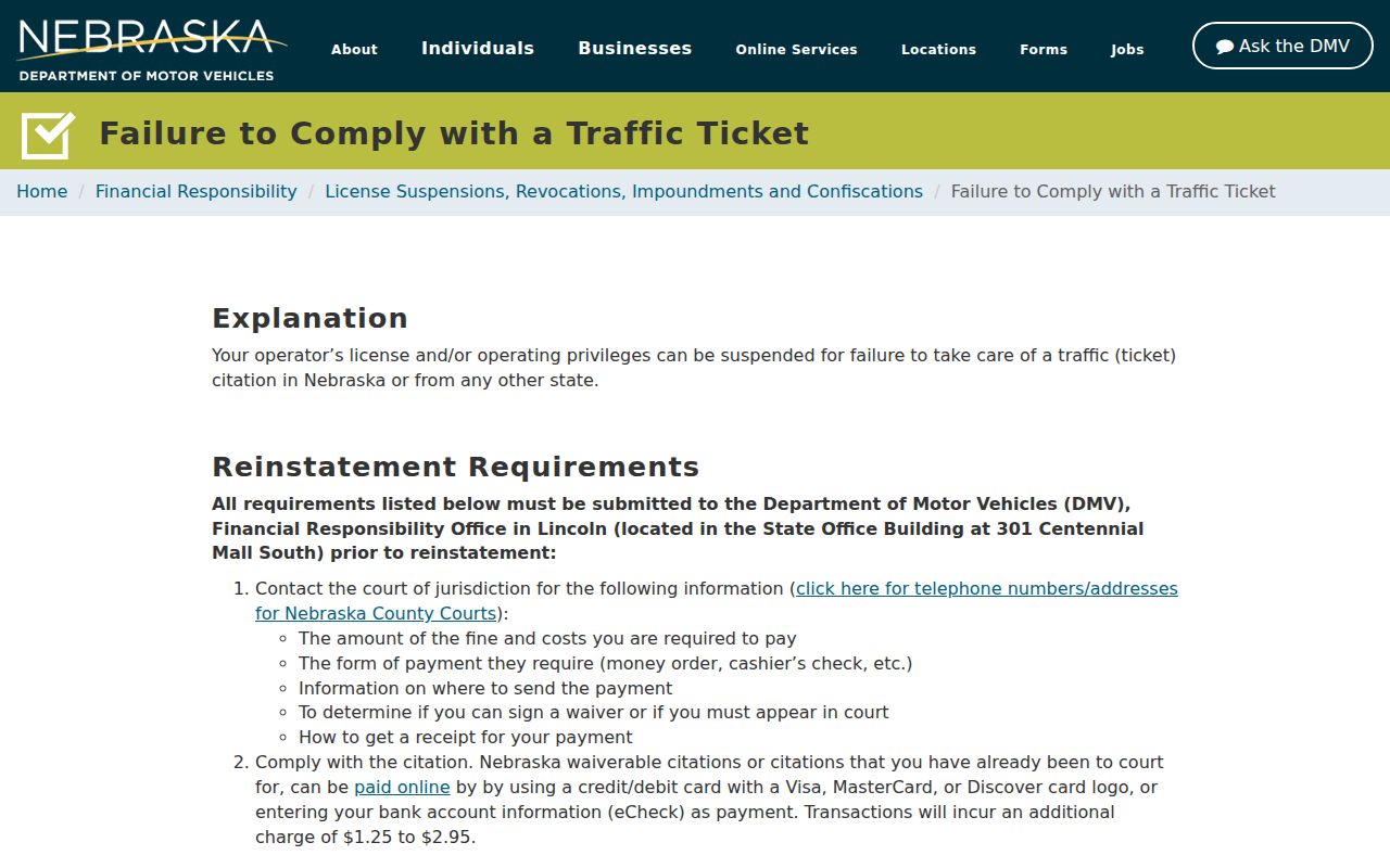 Sherman County traffic ticket compliance guidance from Nebraska DMV